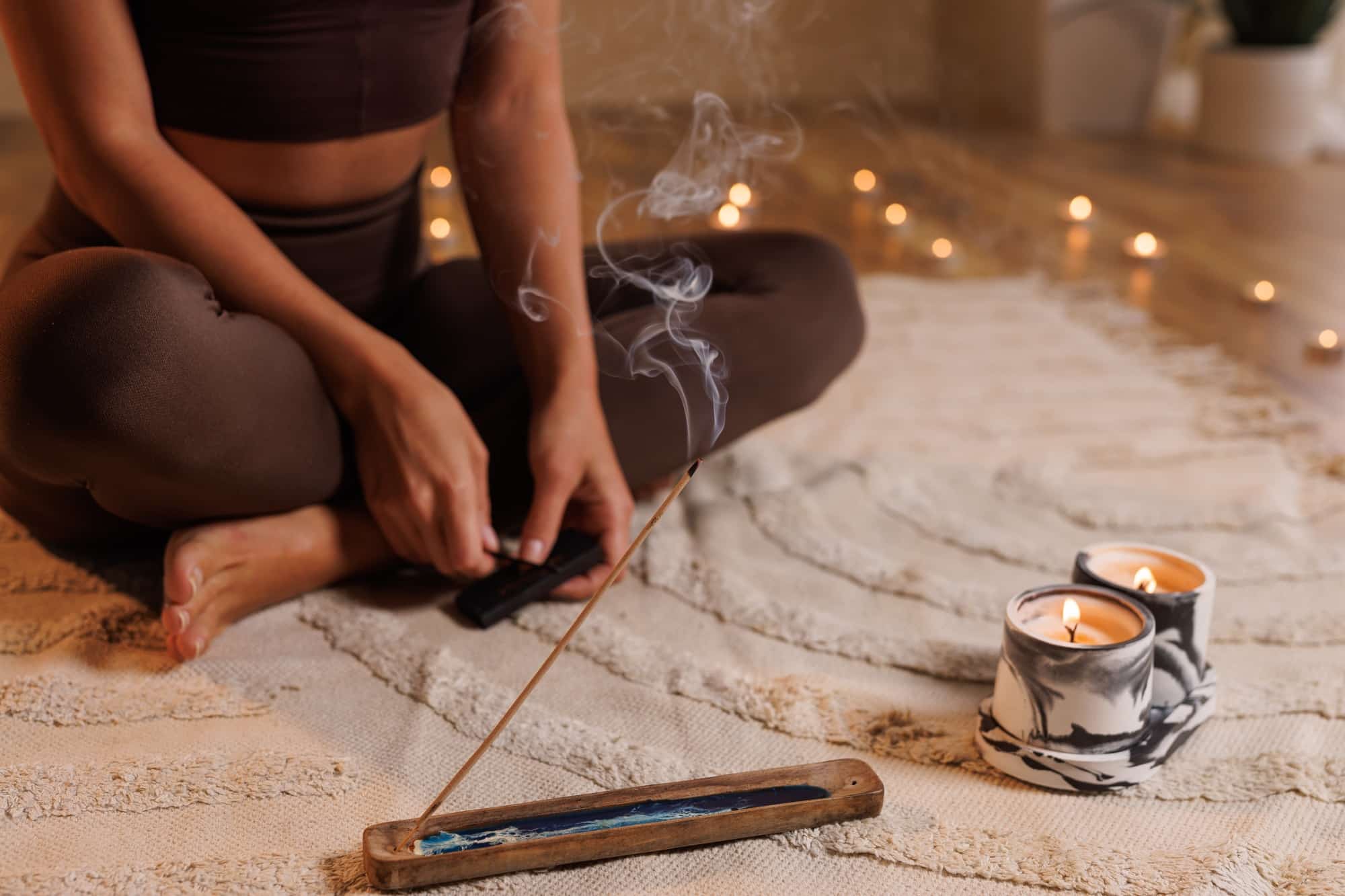 Yoga meditation at home. girl doing aromatherapy and meditation at home, stay calm and be happy